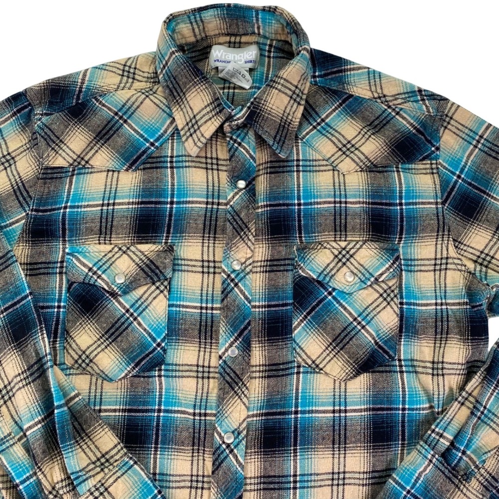 Wrangler Wrancher Western Shirt Men L Pearl Snap VTG 90s Flannel Turqouise Brown